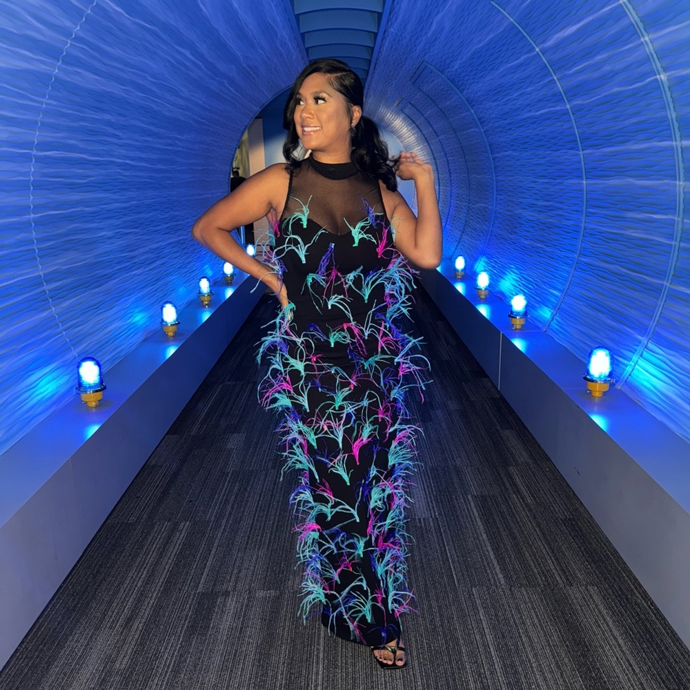 JAZZED UP FEATHER MAXI DRESS In BLACK MULTI